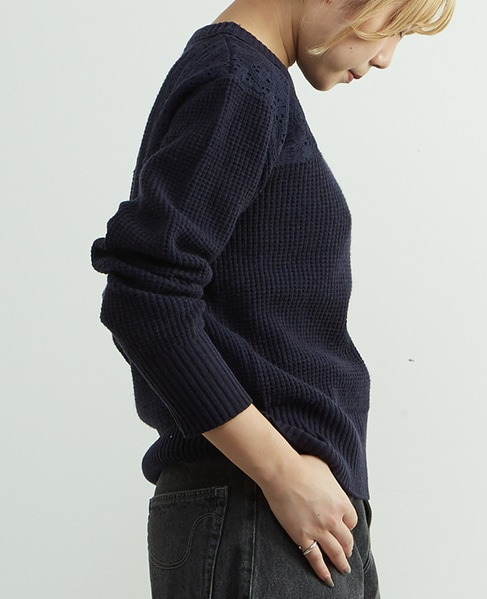レースパッチ付きワッフルニット 詳細画像 ネイビー 2