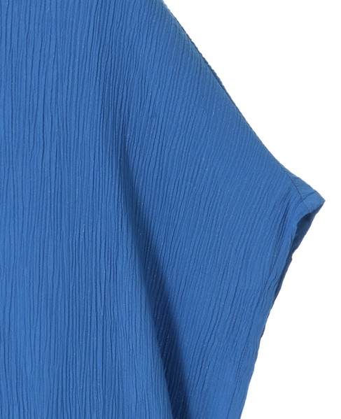 【表面感のあるジャカード素材が夏らしいバンドカラーワンピース】 詳細画像 ブルー 7