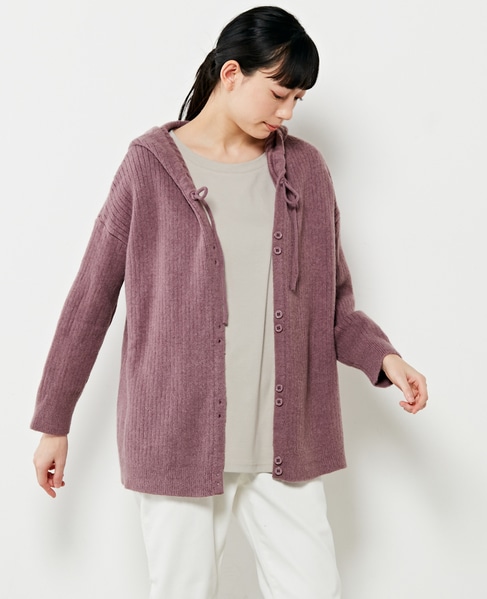 【抜け感のあるネックデザイン♪フードチュニックカーディガン】 詳細画像 パープル 1