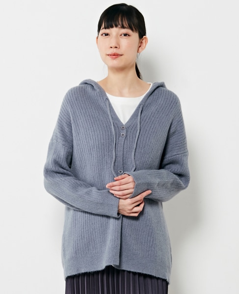 【抜け感のあるネックデザイン♪フードチュニックカーディガン】 詳細画像 ブルー 1