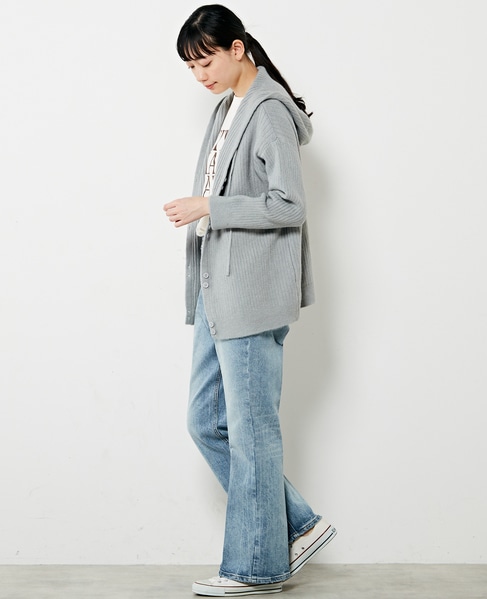 【抜け感のあるネックデザイン♪フードチュニックカーディガン】 詳細画像 グレー 2