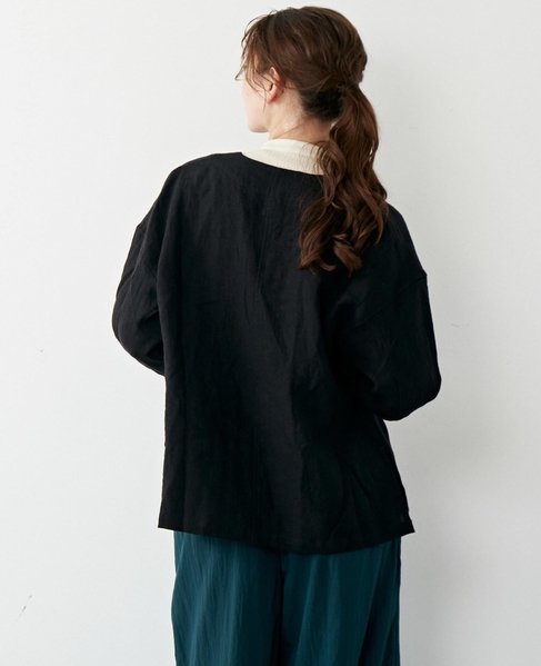 【LOURMARIN/ルールマラン】シャツ感覚で羽織れるリネン素材ノーカラージャケット 詳細画像 ブラック 7