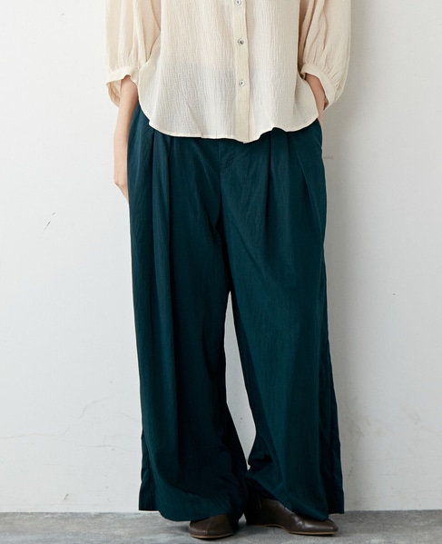 【リラクシーなシルエットのコットンレーヨンタックワイドパンツ】 詳細画像 グリーン 1