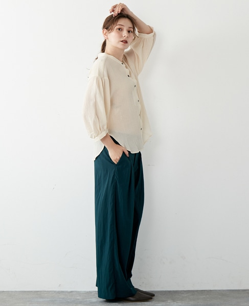 【リラクシーなシルエットのコットンレーヨンタックワイドパンツ】 詳細画像 グリーン 16