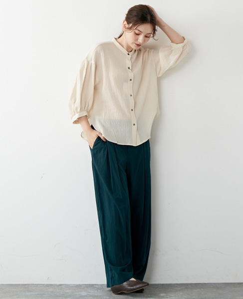 【リラクシーなシルエットのコットンレーヨンタックワイドパンツ】 詳細画像 グリーン 18