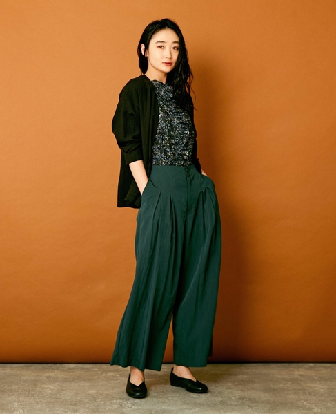 【リラクシーなシルエットのコットンレーヨンタックワイドパンツ】 詳細画像 グリーン 9