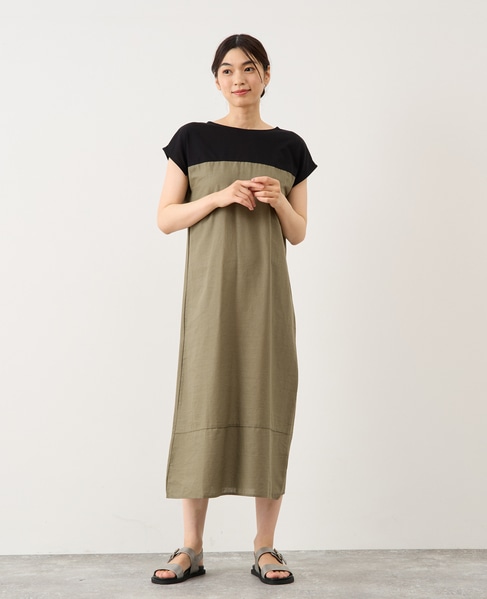 綿麻ジャージー切替ワンピース 詳細画像 グリーン系その他 1