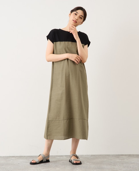 綿麻ジャージー切替ワンピース 詳細画像 グリーン系その他 2