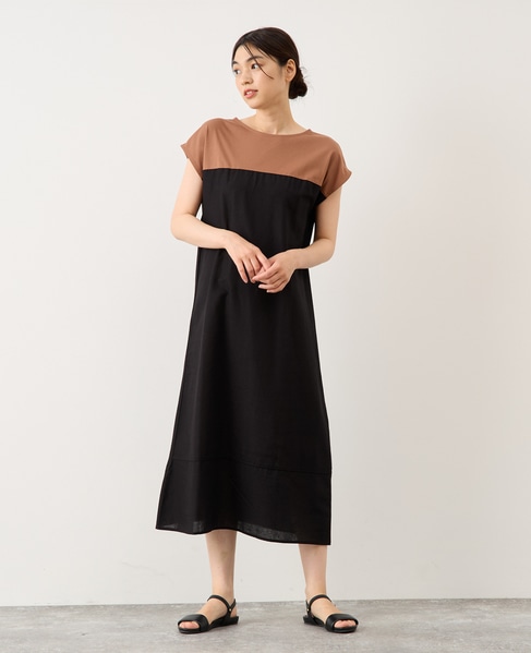 綿麻ジャージー切替ワンピース 詳細画像 ブラック系その他 1