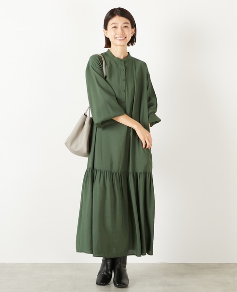 【モダールエステルクレープ切替ワンピース】 詳細画像 モスグリーン 1