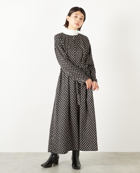 【小紋プリントフレアワンピース】 詳細画像 ブラック 1