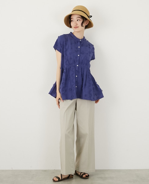 【コットンローン3D刺しゅうバンドカラーブラウス】 詳細画像 ブルー 2