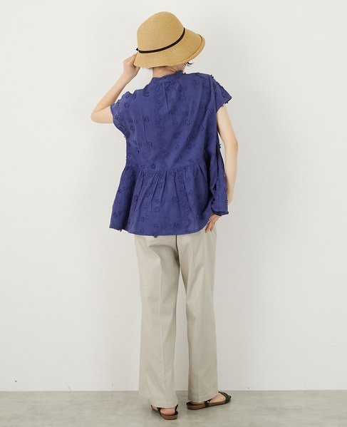 【コットンローン3D刺しゅうバンドカラーブラウス】 詳細画像 ブルー 5