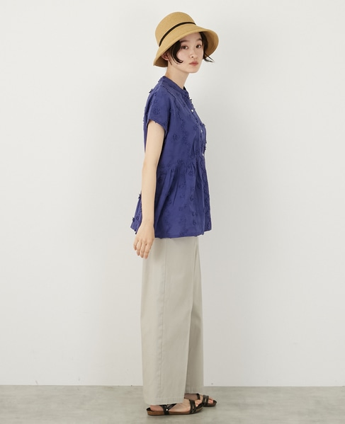 【コットンローン3D刺しゅうバンドカラーブラウス】 詳細画像 ブルー 6