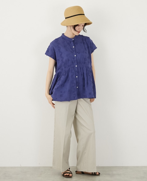【コットンローン3D刺しゅうバンドカラーブラウス】 詳細画像 ブルー 7