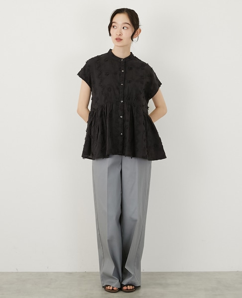 【コットンローン3D刺しゅうバンドカラーブラウス】 詳細画像 ブラック 2