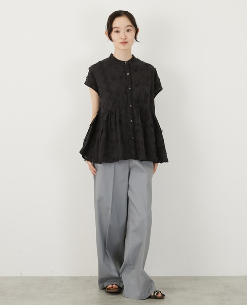 【コットンローン3D刺しゅうバンドカラーブラウス】 詳細画像 ブラック 8