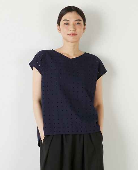 【コットンカットワーク刺しゅうブラウス】 詳細画像 ネイビー 1