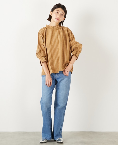 【シャドーギンガムサッカースタンドフリルブラウス】 詳細画像 キャメル 2