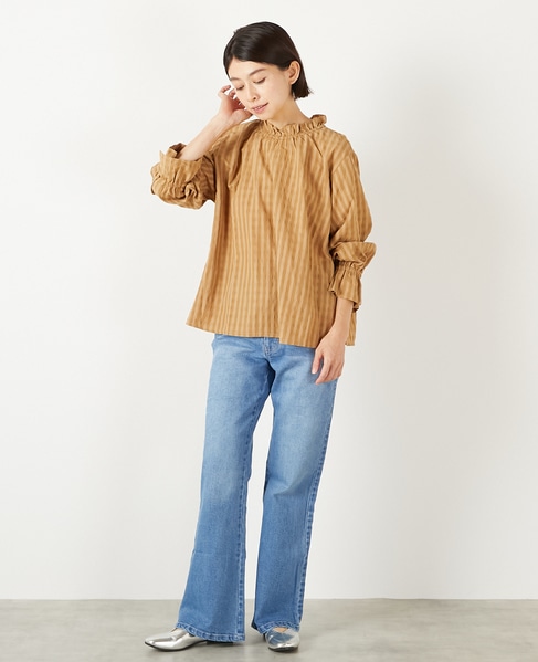 【シャドーギンガムサッカースタンドフリルブラウス】 詳細画像 キャメル 3