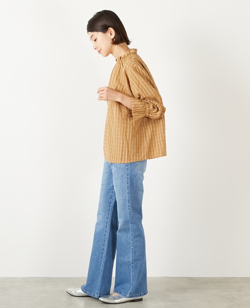 【シャドーギンガムサッカースタンドフリルブラウス】 詳細画像 キャメル 4