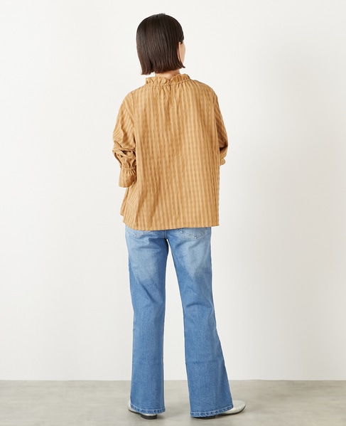 【シャドーギンガムサッカースタンドフリルブラウス】 詳細画像 キャメル 5