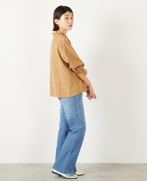 【シャドーギンガムサッカースタンドフリルブラウス】 詳細画像 キャメル 6