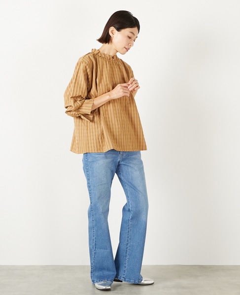 【シャドーギンガムサッカースタンドフリルブラウス】 詳細画像 キャメル 7