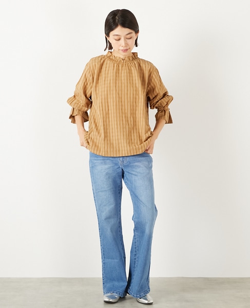 【シャドーギンガムサッカースタンドフリルブラウス】 詳細画像 キャメル 8