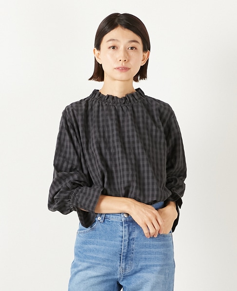 【シャドーギンガムサッカースタンドフリルブラウス】 詳細画像 ブラック 1