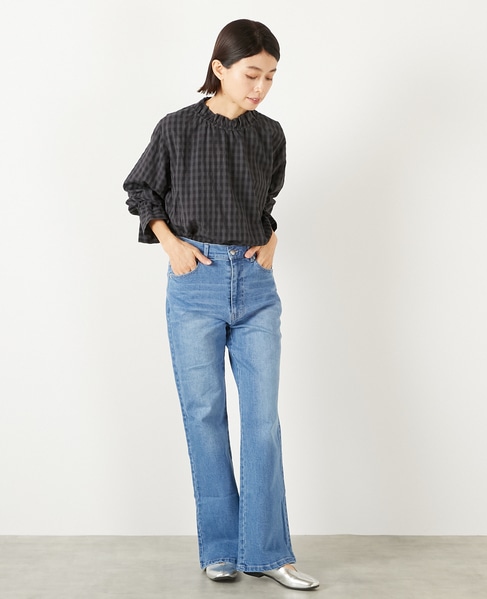 【シャドーギンガムサッカースタンドフリルブラウス】 詳細画像 ブラック 9