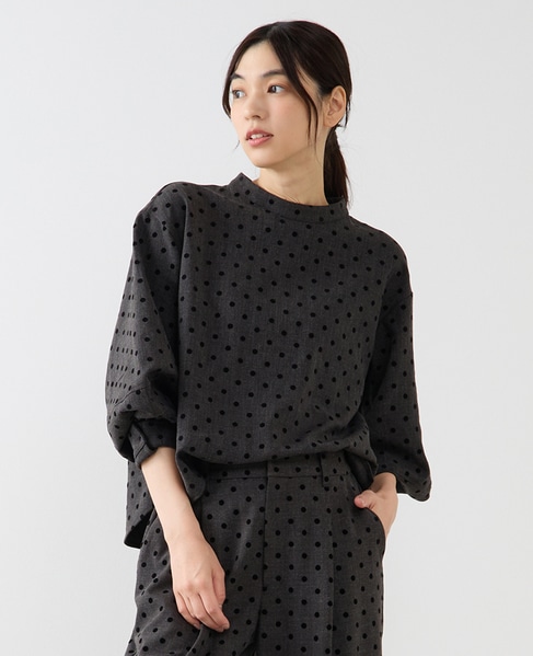 【フロッキードットスタンドカラーブラウス】 詳細画像 グレー 1