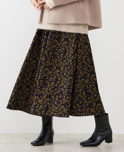 【ボタニカルプリントタックギャザースカート】 詳細画像 ブラック 1