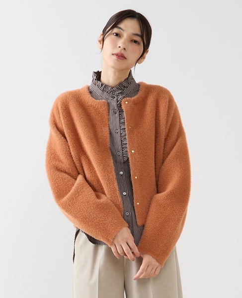 【ダブルフェイスフェザーノーカラーカーディガン】 詳細画像 レンガ 1