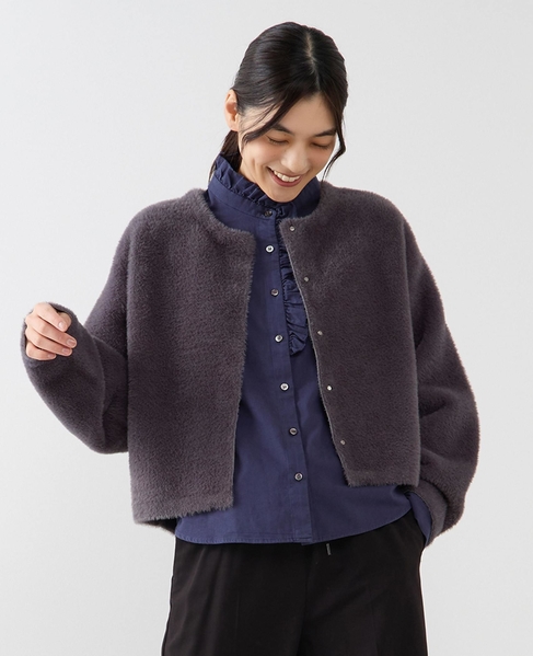 【ダブルフェイスフェザーノーカラーカーディガン】 詳細画像 チャコールグレー 1