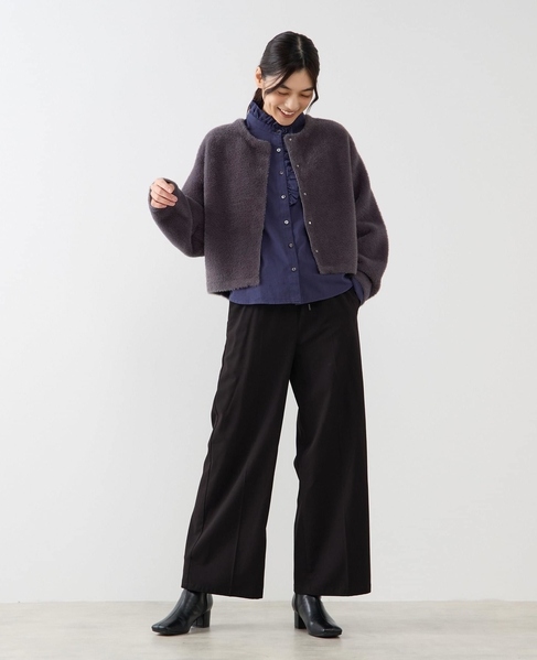 【ダブルフェイスフェザーノーカラーカーディガン】 詳細画像 チャコールグレー 2