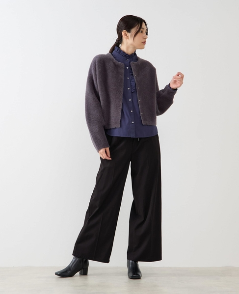 【ダブルフェイスフェザーノーカラーカーディガン】 詳細画像 チャコールグレー 8