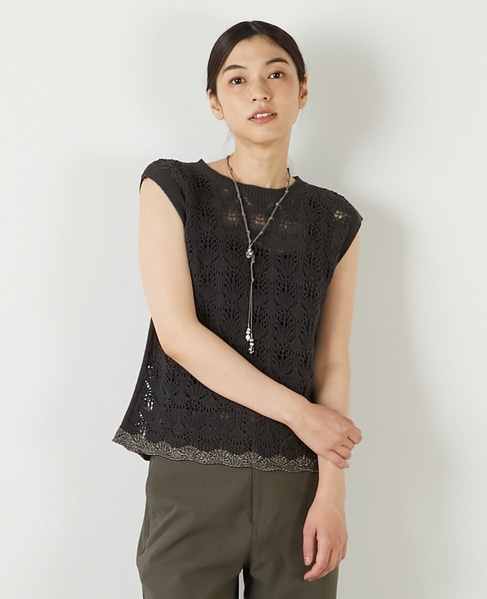 【カギ針金糸入りクレーネックベスト】 詳細画像 チャコールグレー 1