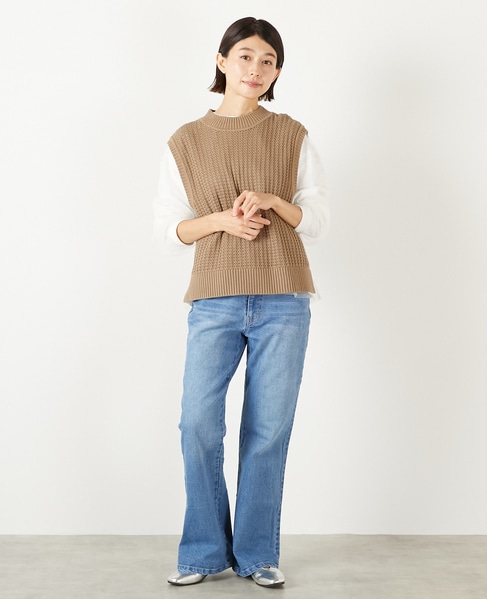 【コットンアクリル変わり編みクルーベスト】 詳細画像 カーキブラウン 2