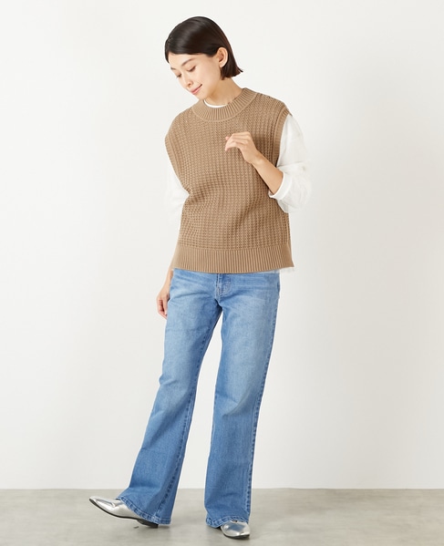 【コットンアクリル変わり編みクルーベスト】 詳細画像 カーキブラウン 3