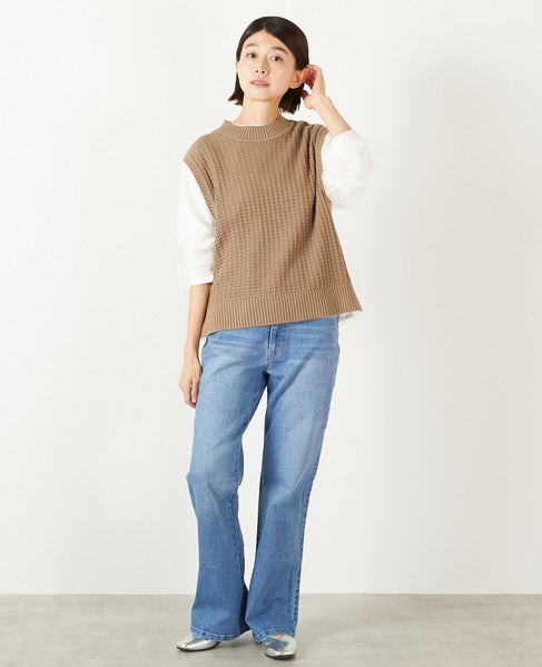 【コットンアクリル変わり編みクルーベスト】 詳細画像 カーキブラウン 8