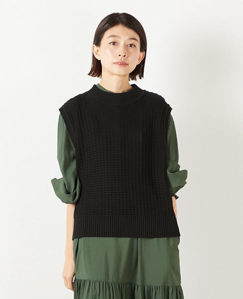 【コットンアクリル変わり編みクルーベスト】 詳細画像 ブラック 1