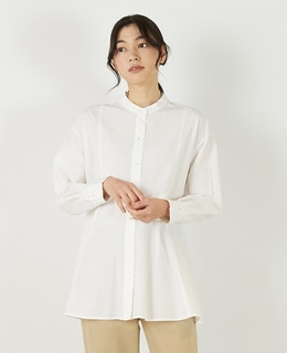 【バンドカラー切替フレアシャツチュニック】