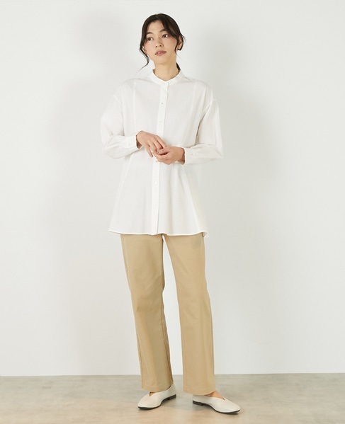【バンドカラー切替フレアシャツチュニック】 詳細画像 オフホワイト 2