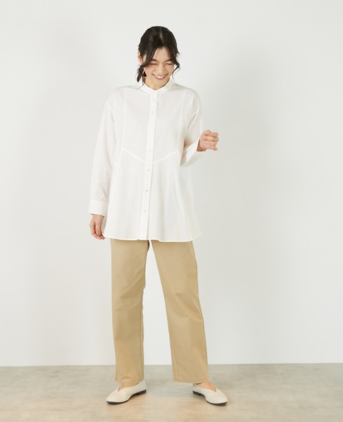 【バンドカラー切替フレアシャツチュニック】 詳細画像 オフホワイト 3