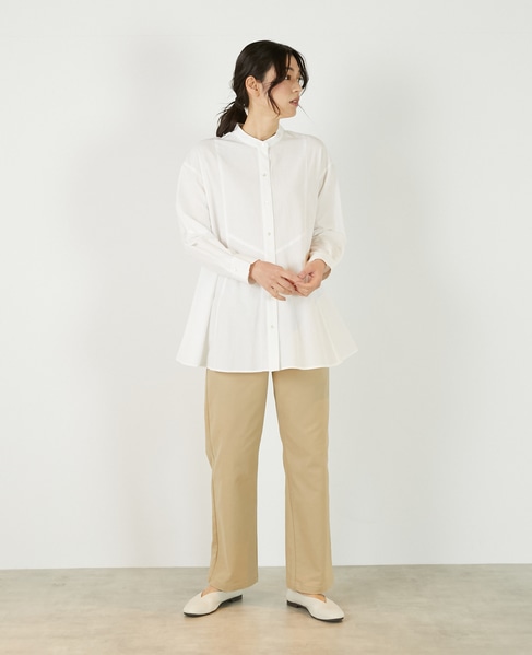 【バンドカラー切替フレアシャツチュニック】 詳細画像 オフホワイト 8