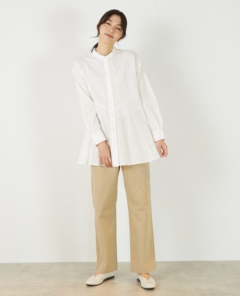 【バンドカラー切替フレアシャツチュニック】 詳細画像 オフホワイト 9