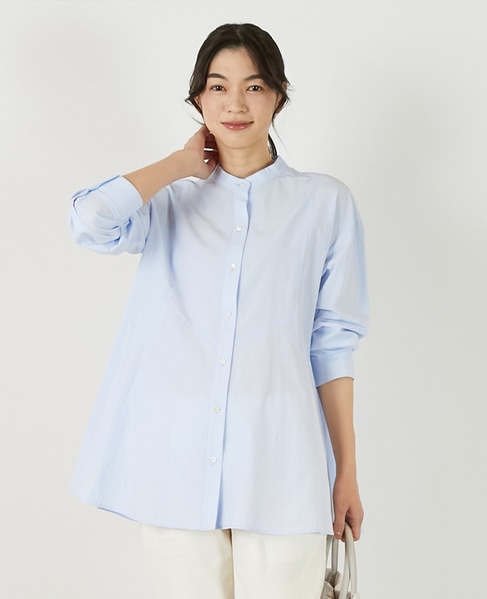 【バンドカラー切替フレアシャツチュニック】 詳細画像 サックスブルー 1