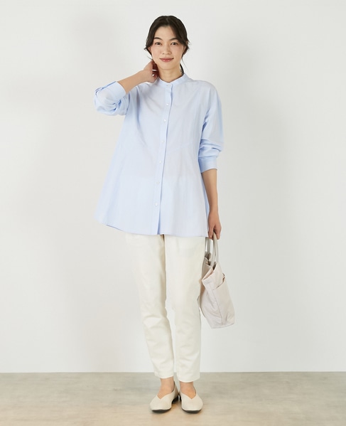 【バンドカラー切替フレアシャツチュニック】 詳細画像 サックスブルー 2