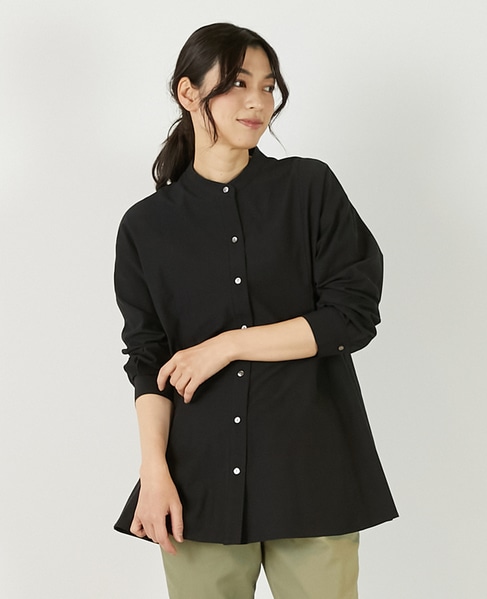 【バンドカラー切替フレアシャツチュニック】 詳細画像 ブラック 1